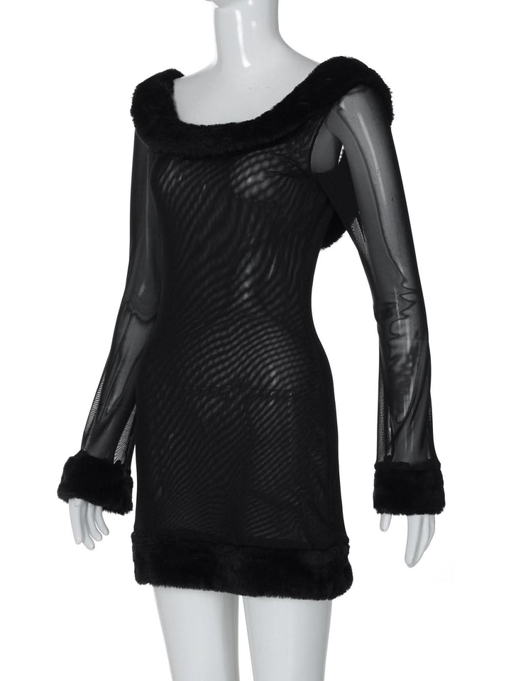 Long sleeve u neck fluffy mesh see through mini dress  | Festival Outfits Women