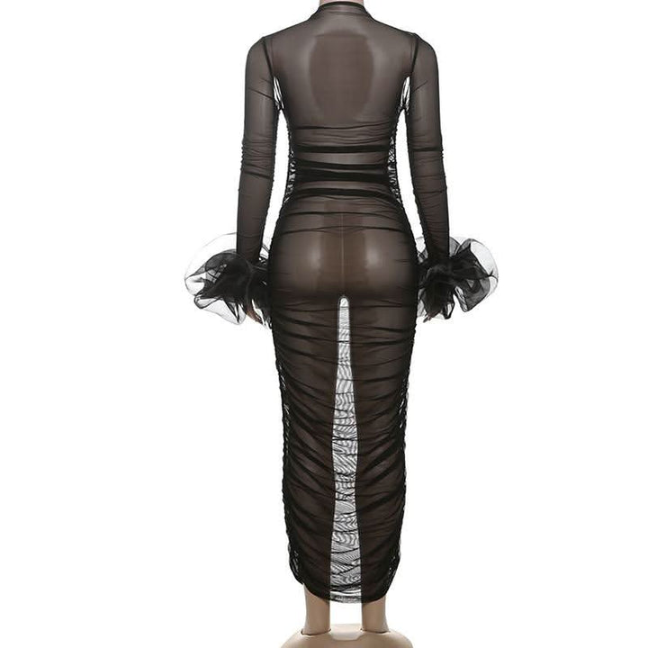 Long sleeve mesh see through ruched maxi dress-final-sale  | Festival Outfits Women