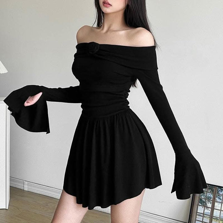 Flower applique off shoulder long flared sleeve slit mini dress-final-sale