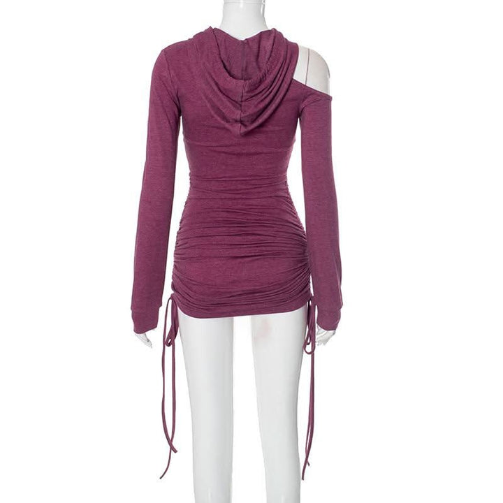 Hoodie long sleeve drawstring off shoulder mini dress  | Festival Outfits Women