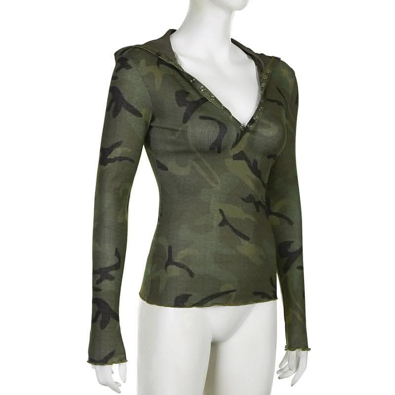 Camouflage contrast hoodie button long sleeve top-final-sale  | Festival Outfits Women