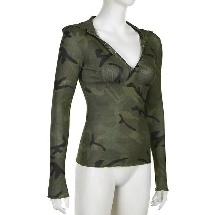 Camouflage contrast hoodie button long sleeve top-final-sale  | Festival Outfits Women