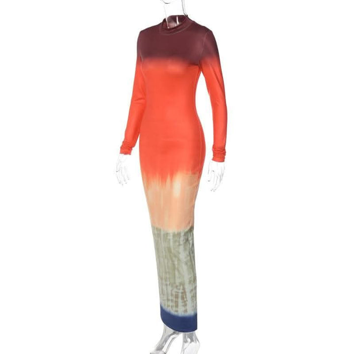 Tie dye print long sleeve high neck contrast maxi dress-final-sale  | Festival Outfits Women
