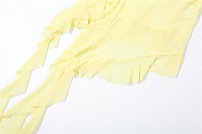 Kaya mai kauri da aka yi da u-neck ruffle slit sheer sheer mesh solid cami top | Kayan Biki na Mata