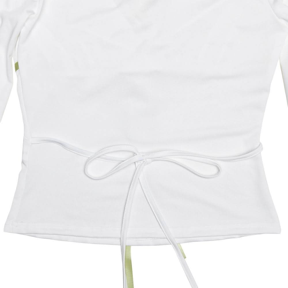 Lace hem long sleeve v neck ribbon ruched top  | Festival Outfits Women