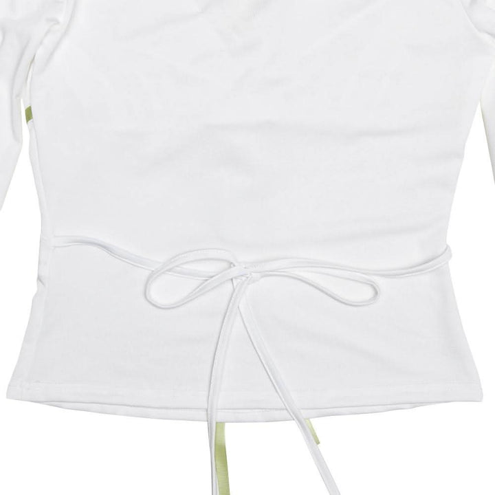 Lace hem long sleeve v neck ribbon ruched top  | Festival Outfits Women