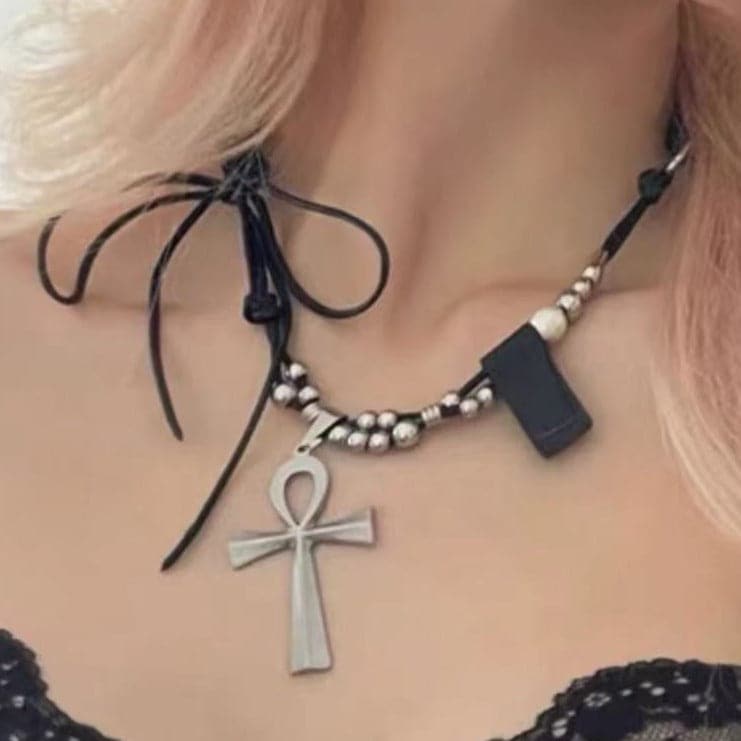 Cross beaded PU leather knotted necklace  | Festival Outfits Women