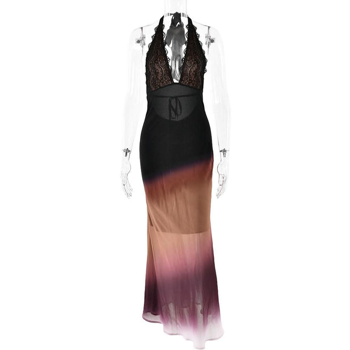 Halter self tie deep V neck gradient lace maxi dress  | Festival Outfits Women