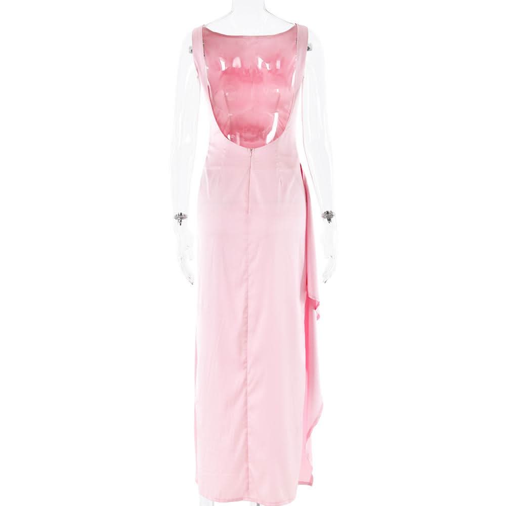 Ruched high slit satin round neck backless maxi dress  | Festival Outfits Women