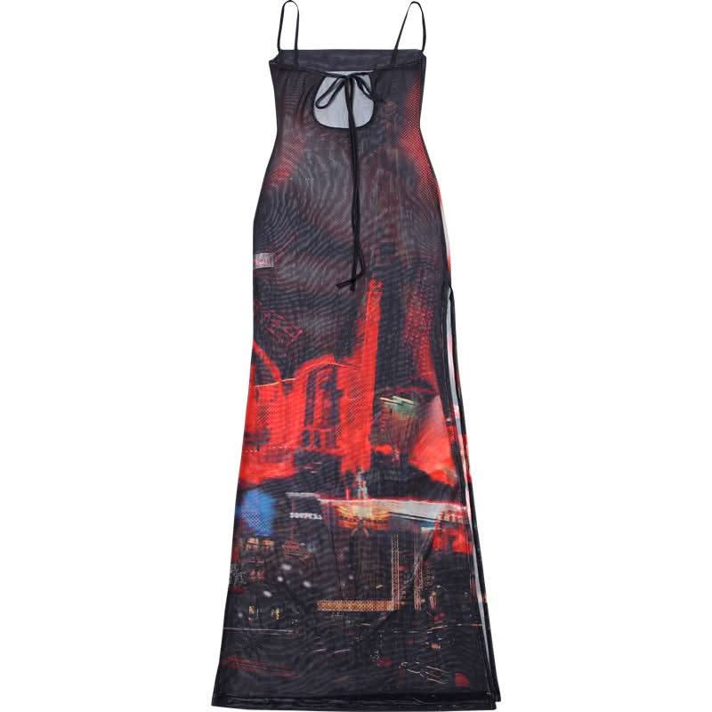 Abstract mesh high slit cami maxi dress  | Festival Outfits Women