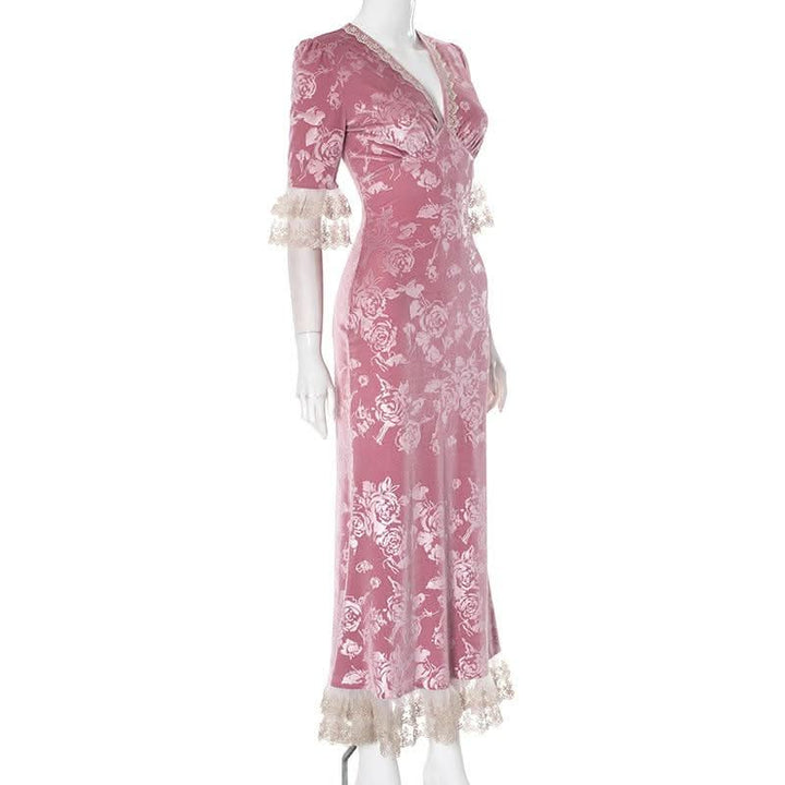 Lace hem v neck flower print velvet maxi dress  | Festival Outfits Women