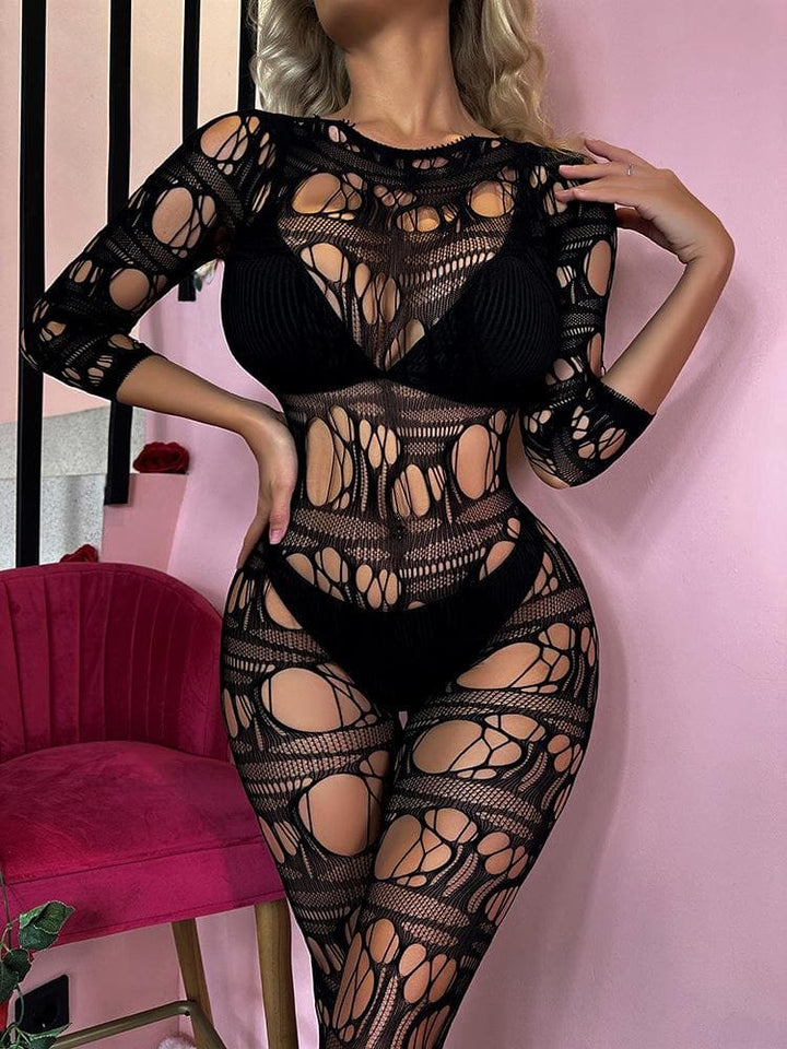 Long sleeve net hollow out padded bodystocking  | Festival Outfits Women