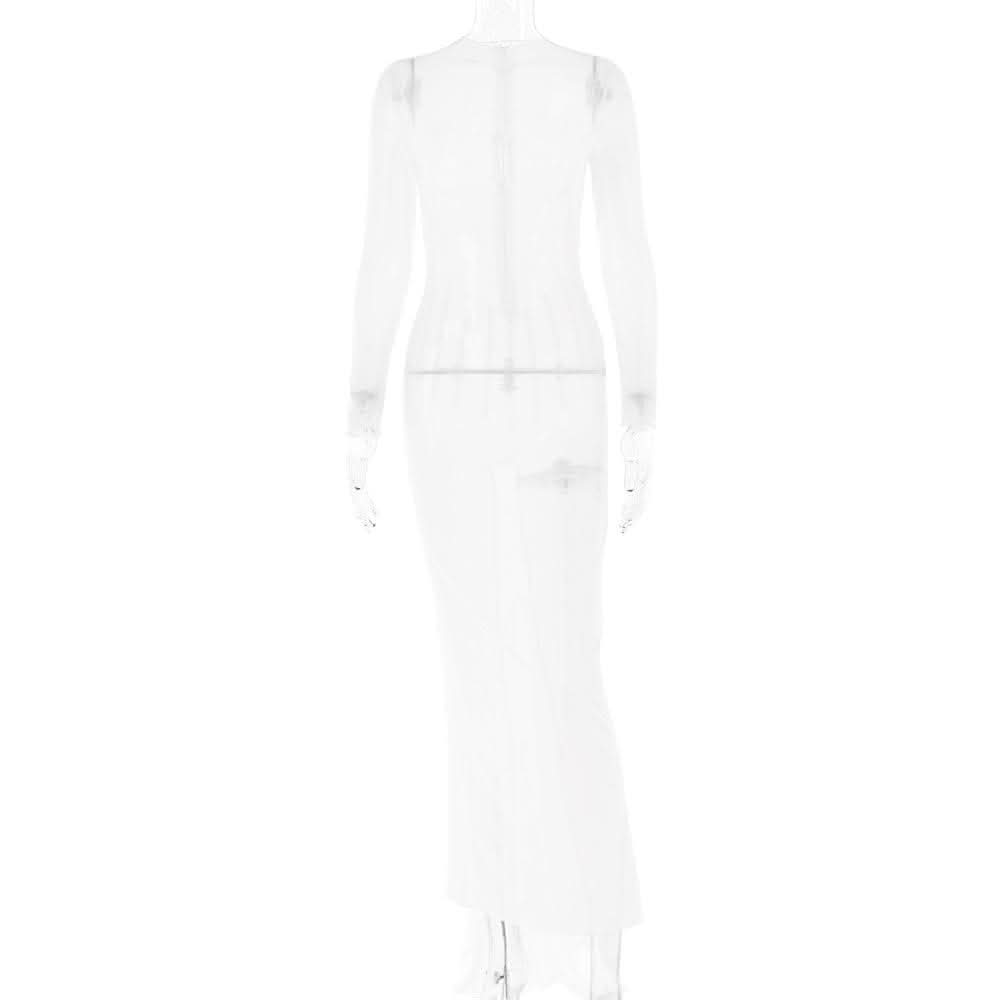 Long sleeve sheer mesh zip-up stitch maxi dress-final-sale  | Festival Outfits Women