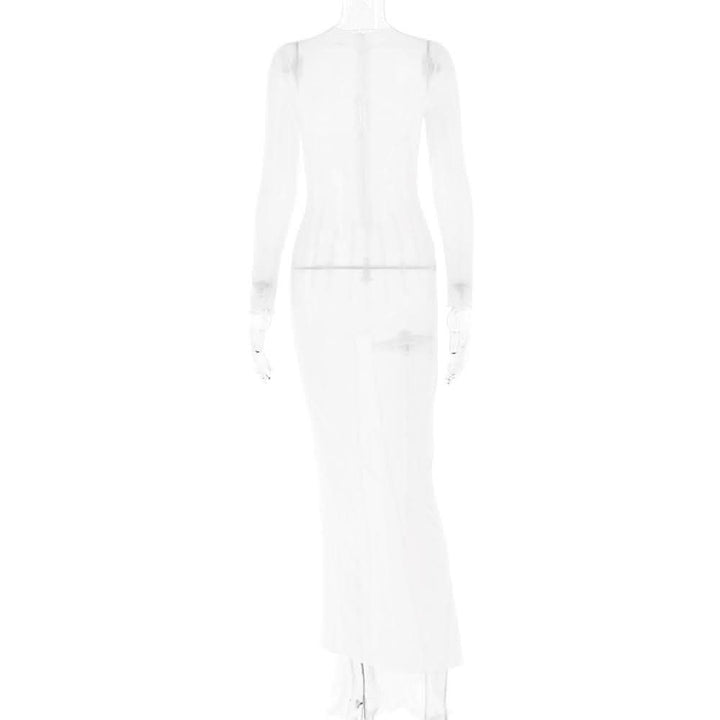 Long sleeve sheer mesh zip-up stitch maxi dress-final-sale  | Festival Outfits Women