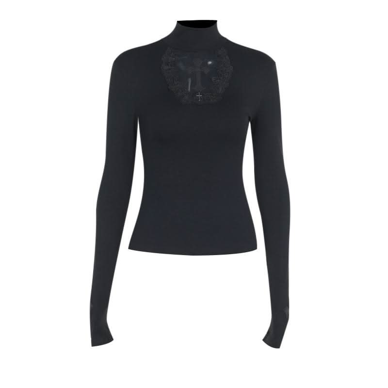 Long sleeve high neck cross pattern solid top  | Festival Outfits Women