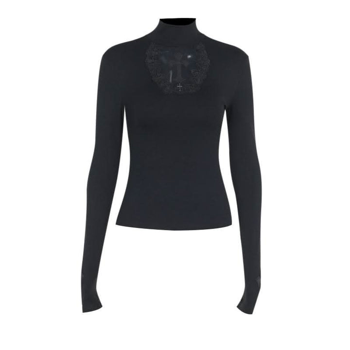 Long sleeve high neck cross pattern solid top  | Festival Outfits Women