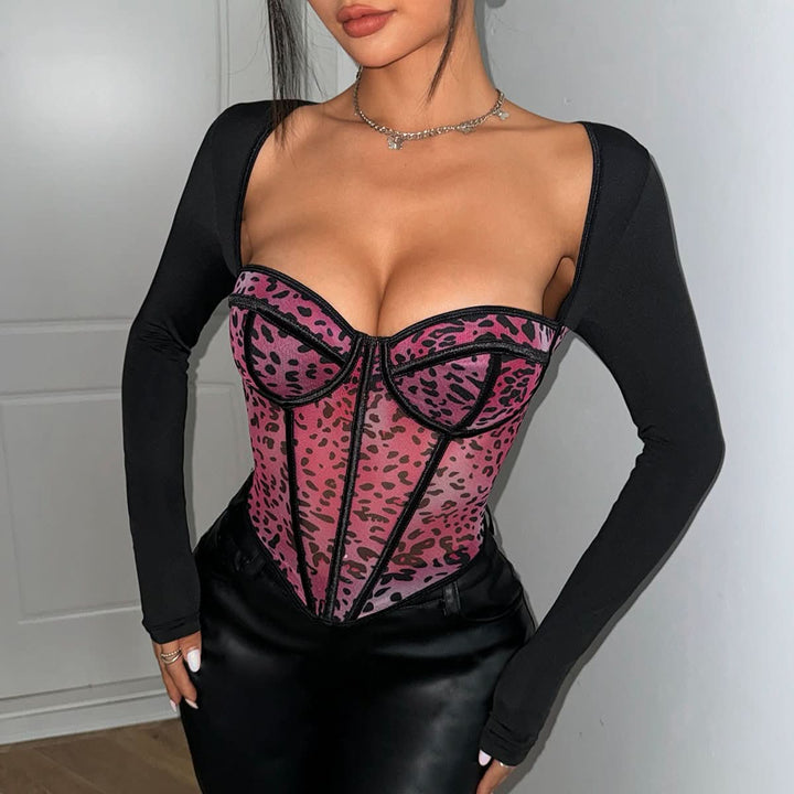 Sweetheart neck long sleeve leopard print bustier top  | Festival Outfits Women  | Cheetah Print Top