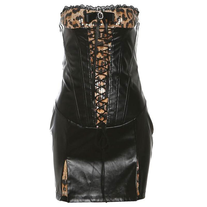 PU leather patchwork leopard print glitter lace up mini dress  | Festival Outfits Women  | Leopard Print Mini Dress