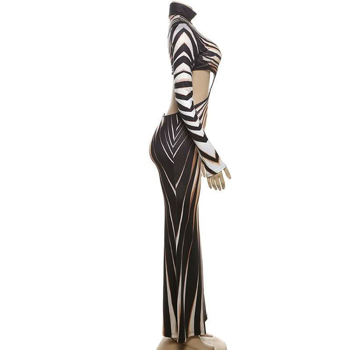 High neck long sleeve hollow out print contrast cut out maxi dress-final-sale