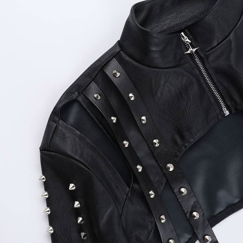 High neck PU leather zip-up hollow out shrug cut out top  | Festival Outfits Women