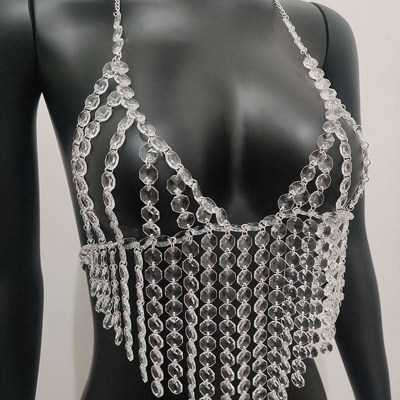 Halter crystal tassels beaded hollow out cut out top  | Festival Outfits Women