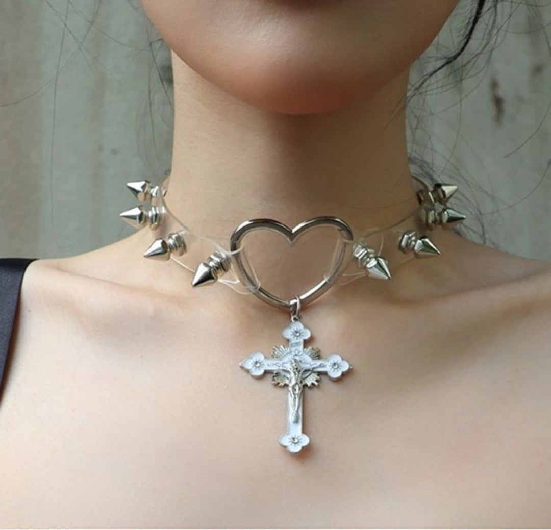 Cross pendant heart ring rivet choker necklace  | Festival Outfits Women