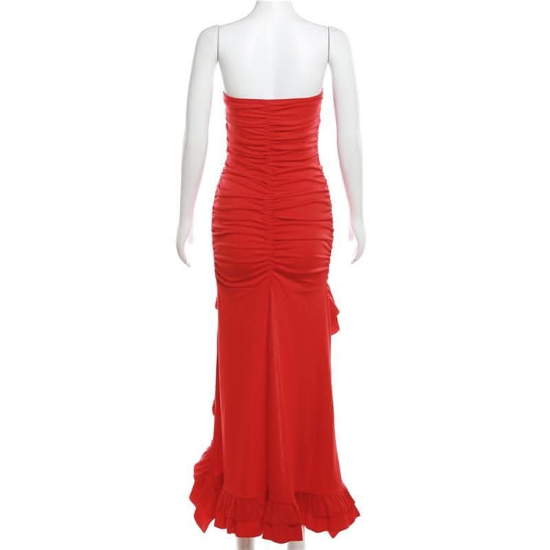 Ruched ruffle solid backless tube maxi dress-final-sale  | Festival Outfits Women