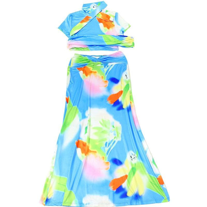 Short sleeve ruched contrast print maxi skirt set-final-sale  | Festival Outfits Women