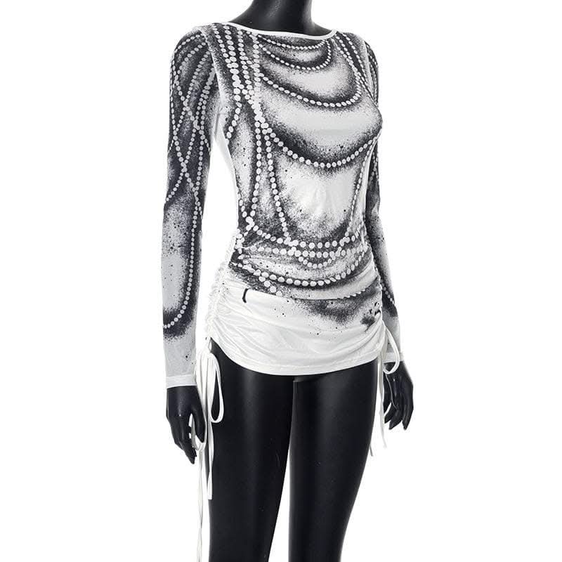Drawstring long sleeve beaded print contrast backless top-final-sale  | Festival Outfits Women
