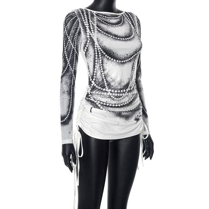 Drawstring long sleeve beaded print contrast backless top-final-sale  | Festival Outfits Women