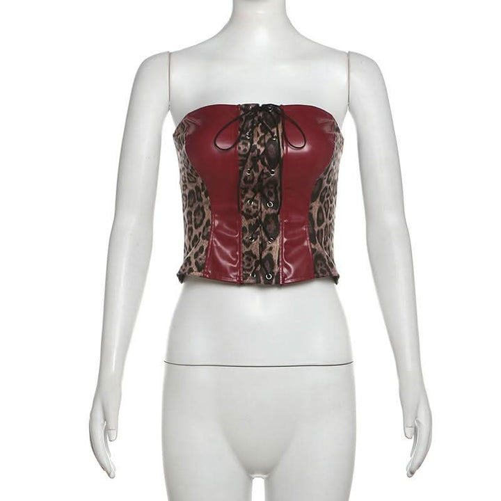 Leopard print lace up PU leather patchwork tube top  | Festival Outfits Women  | Cheetah Print Top