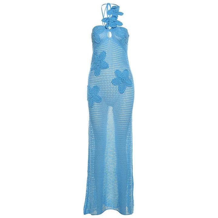 Halter knitted flower pattern see through maxi dress-final-sale  | Festival Outfits Women