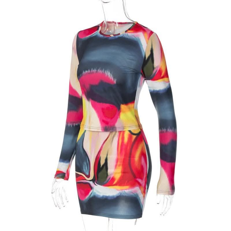 Long sleeve tie dye round neck mini skirt set-final-sale  | Festival Outfits Women