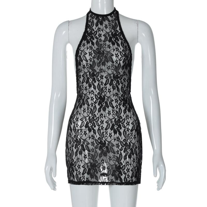 Lace see through halter backless solid mini dress