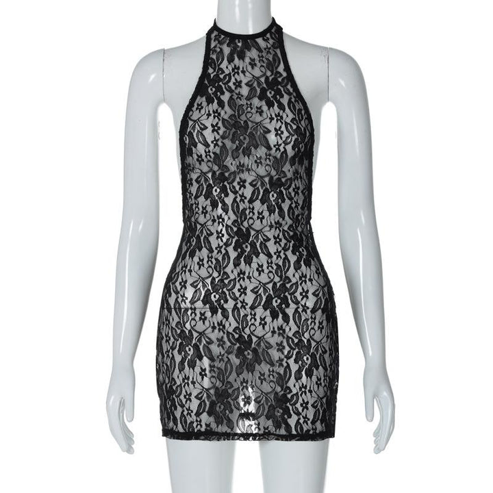 Lace see through halter backless solid mini dress
