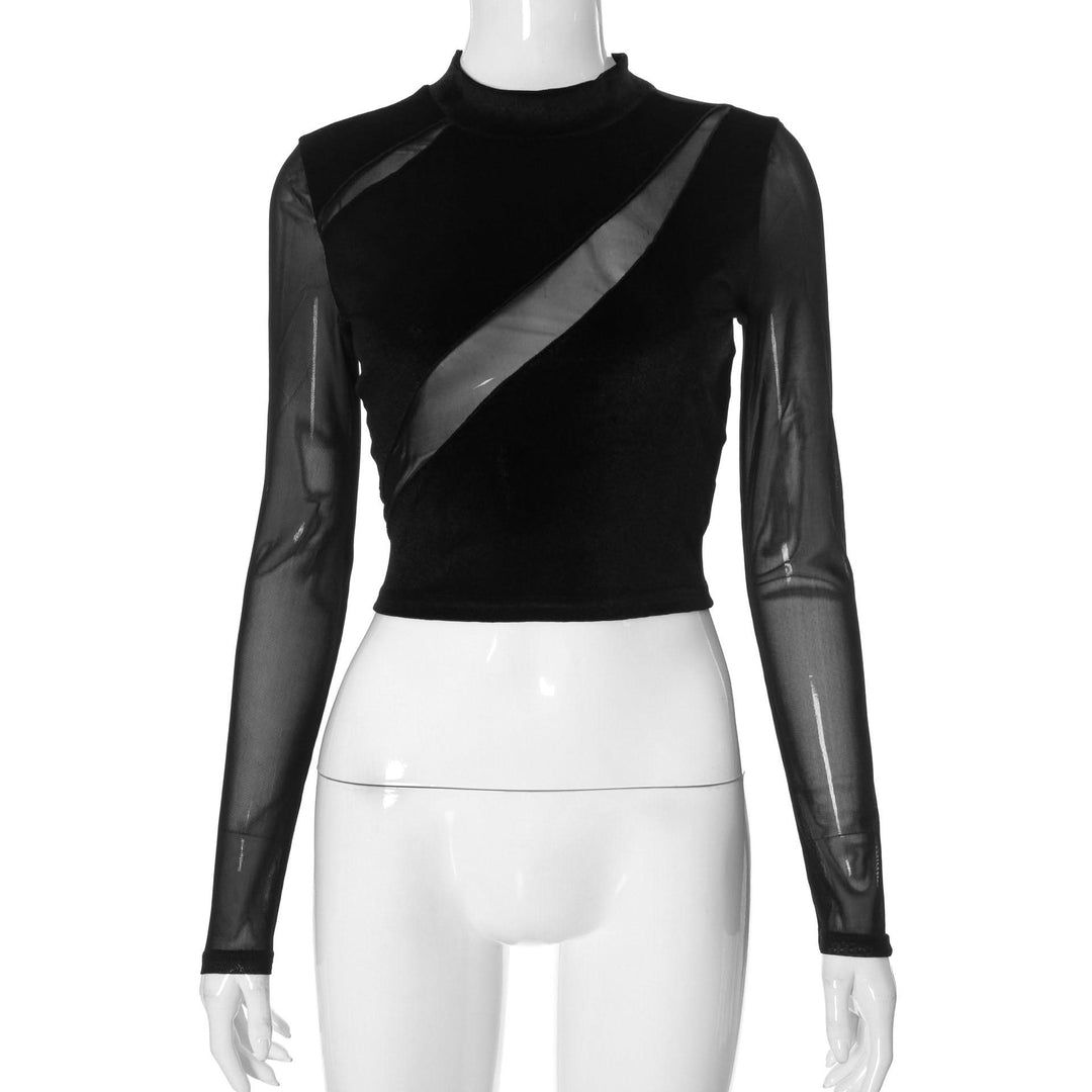 High neck mesh velvet patchwork long sleeve crop top | Mesh Long Sleeve Crop Top  | Festival Outfits Women