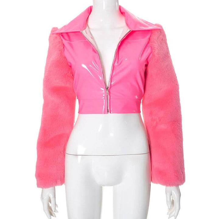 Zip-up long sleeve fluffy turnover collar crop top  | Festival Outfits Women