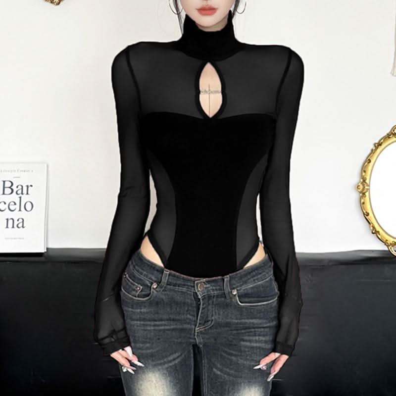 High neck long sleeve mesh hollow out bodysuit  | Festival Outfits Women