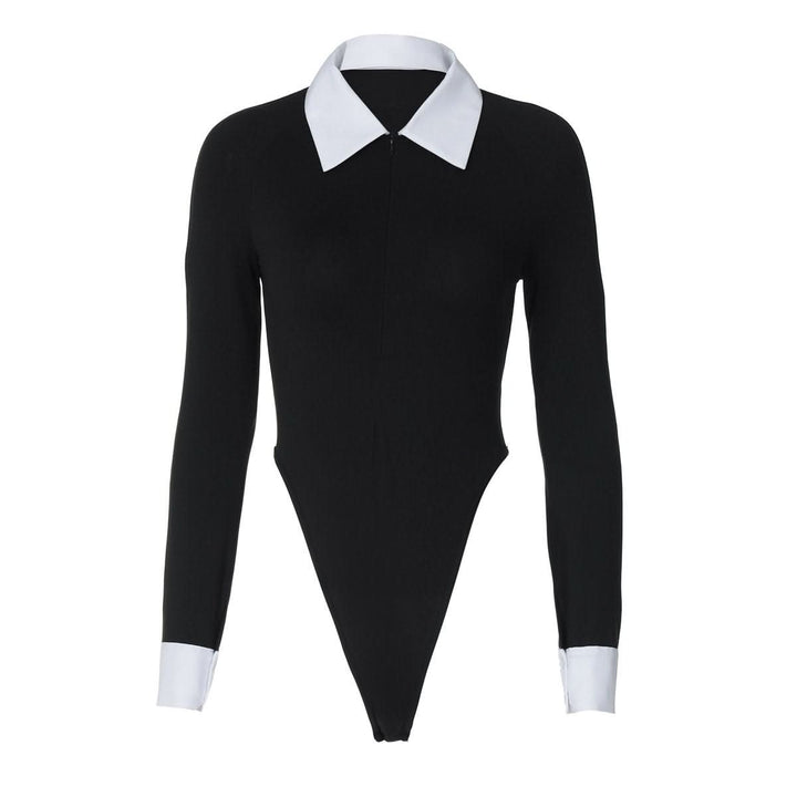 Turnover collar long sleeve zip-up button bodysuit  | Festival Outfits Women-final-sale