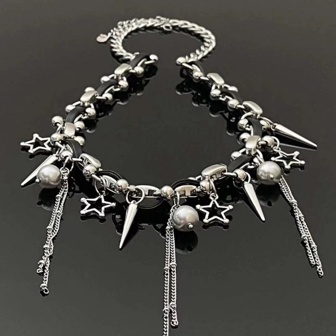 Beaded star rivet tassels PU leather necklace  | Festival Outfits Women