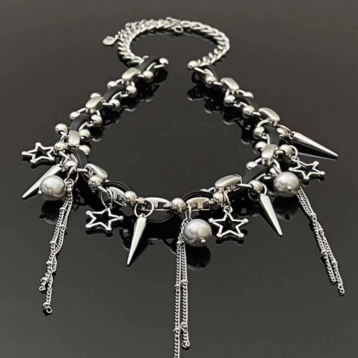 Beaded star rivet tassels PU leather necklace  | Festival Outfits Women
