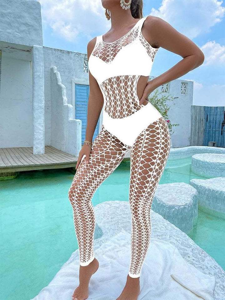 U neck sleeveless hollow out fishnet bodystocking  | Festival Outfits Women