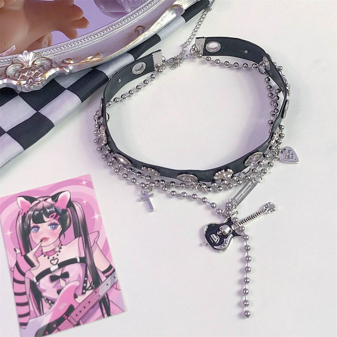 Guitar decor metal chain PU leather cross choker necklace  | Festival Outfits Women