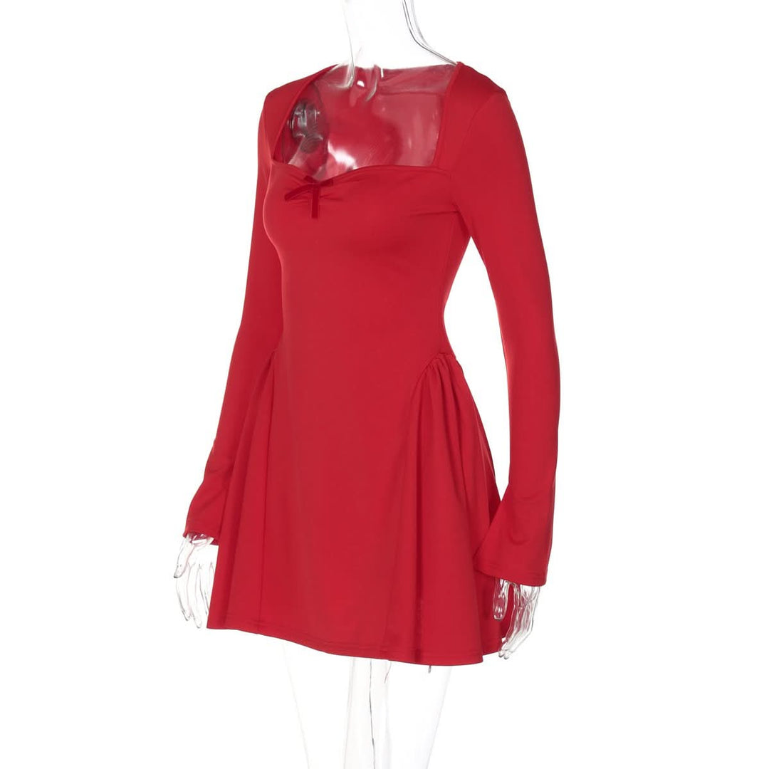 Long sleeve bowknot solid ruched mini dress  | Festival Outfits Women