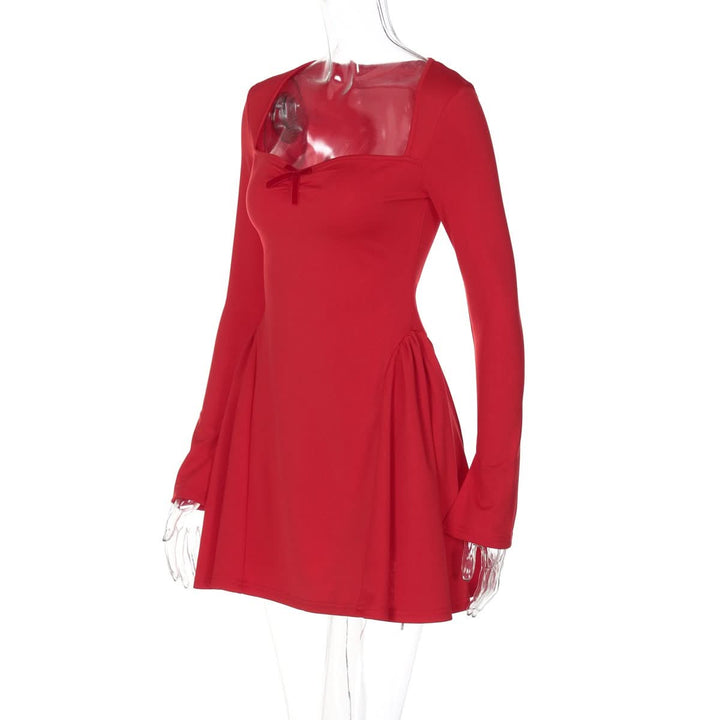 Long sleeve bowknot solid ruched mini dress  | Festival Outfits Women
