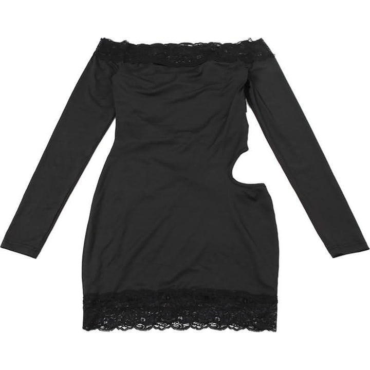 Long sleeve off shoulder lace hem hollow out cut out mini dress-final-sale  | Festival Outfits Women