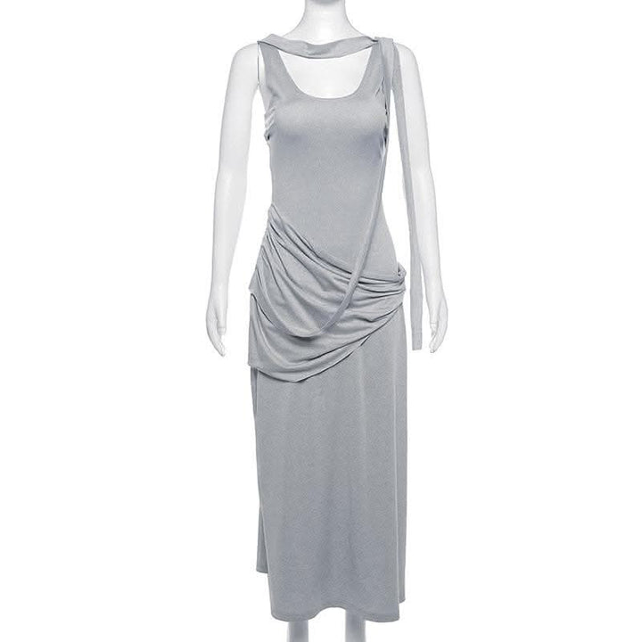 Ruched solid sleeveless u neck irregular midi dress-final-sale  | Festival Outfits Women