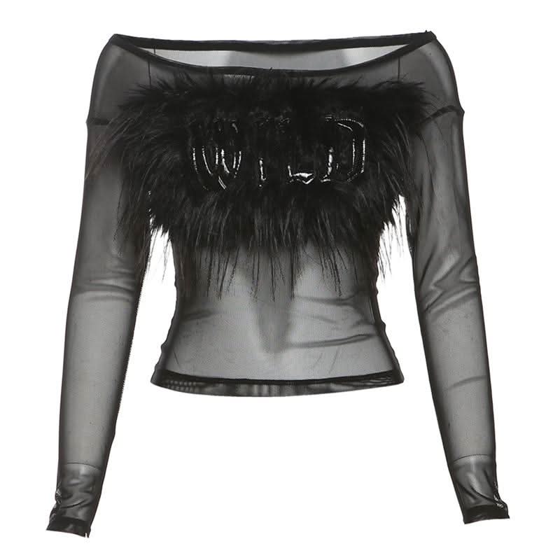 Long sleeve off shoulder feather letter embroidery top  | Festival Outfits Women