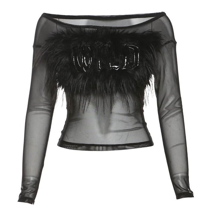 Long sleeve off shoulder feather letter embroidery top  | Festival Outfits Women