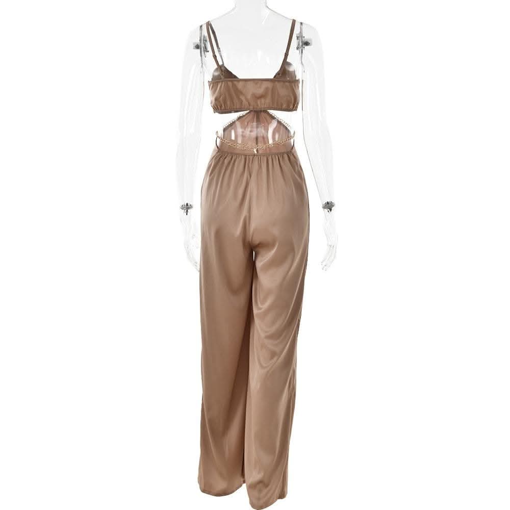 Ruched solid o ring v neck satin hollow out cami jumpsuit-final-sale  | Festival Outfits Women